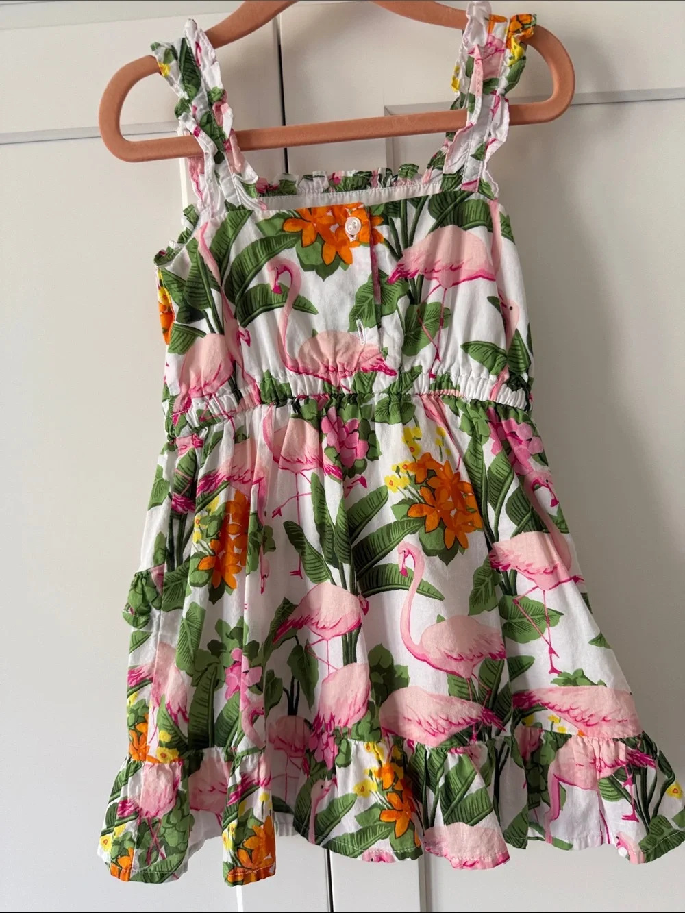 Janie and Jack White Tropical Flamingo Ruffle Dress with Matching Headband